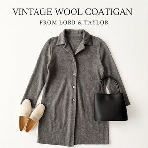 Lord & Taylor Long Grey Wool Button-Front Coatigan Vintage Collared Knit Coat L